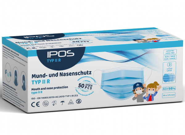 IPOS Typ2R SMALL KINDER Mund- und Nasenschutz - blaue - Einweg-Maske - Typ IIR